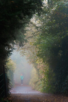 Eine unbekannte Frau macht Morgenlauf auf Weg im Herbst, Gesicht unkenntlich 
