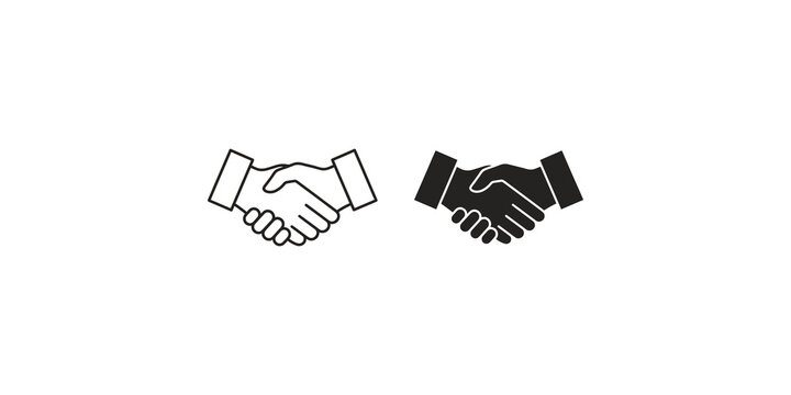 Business handshake black outline and solid silhouette icons for agreement.