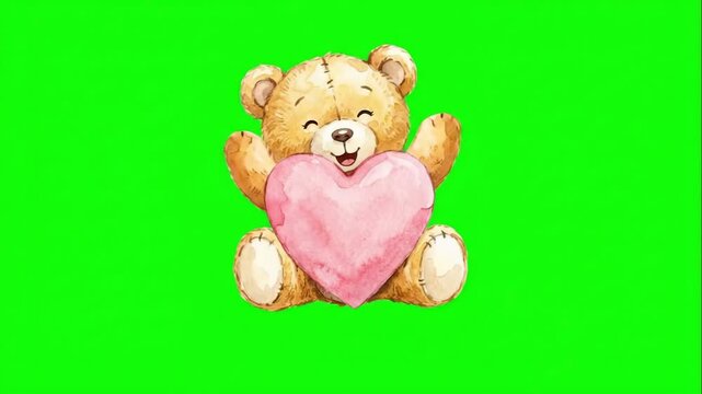 Teddy bear holding a pink heart on a green screen. Suitable for romance videos, greeting cards, valentine promos, and event invites.