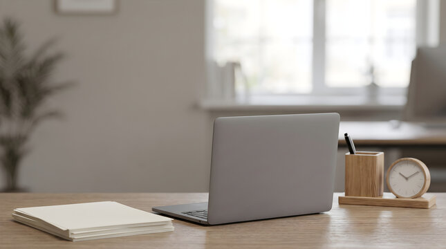 Modern workspace setup with laptop, notebook, and clock for professional success and remote work benifits