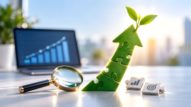 3D green puzzle arrow with leaves and magnifying glass on an office desk representing sustainable business solutions and eco friendly environmental strategy