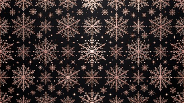 Rose gold snowflake pattern on black background for festive occasions.