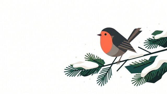 Minimalist Robin Bird Vector Perched on Snowy Pine Branch