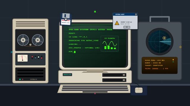 Retro computer workstation animation featuring vintage monitor and radar