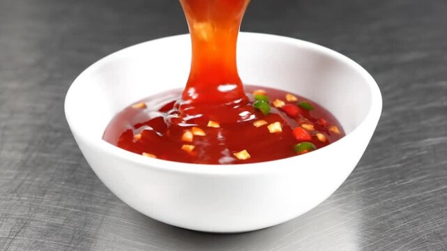 Pouring sweet chili sauce into a white bowl, close-up shot of the vibrant red condiment with chopped vegetables.