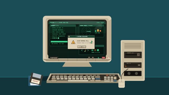 Vintage retro personal computer displaying green screen error dialog box