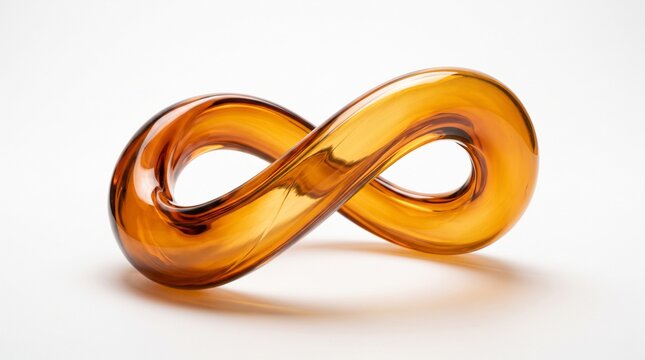Amber glass infinity loop sculpture isolated on white background