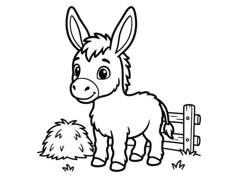 Cute cartoon donkey standing by a wooden fence coloring page for kids