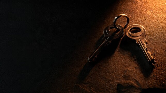 Two metal security keys are placed on a dark stone surface. One key is authentic and well-lit while the other shows signs of wear.