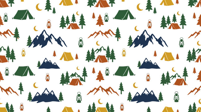 Seamless pattern with camping tents mountains and outdoor gear.
