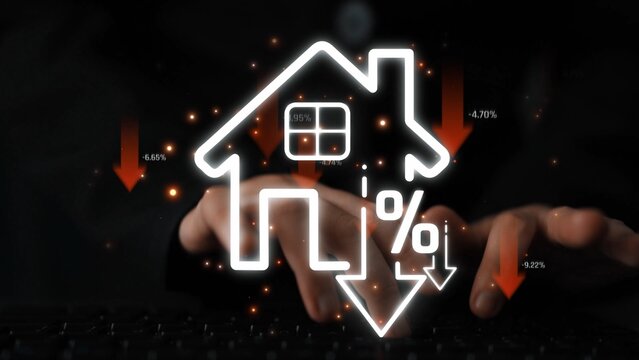 Digital Illustration of Real Estate Market Decline with House Icon and Percentage Symbol Overlaid on Keyboard Imagery Sigmoid