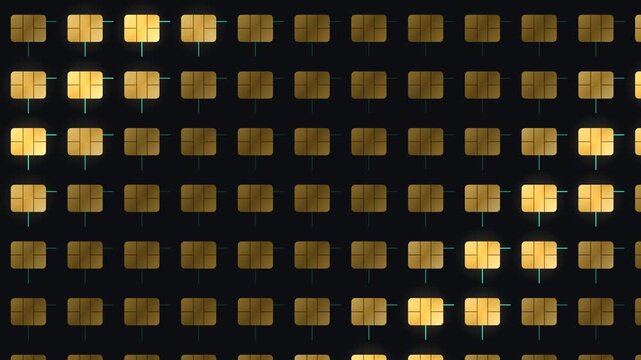 Wall of golden card chips with circuit traces lighting up in sequence