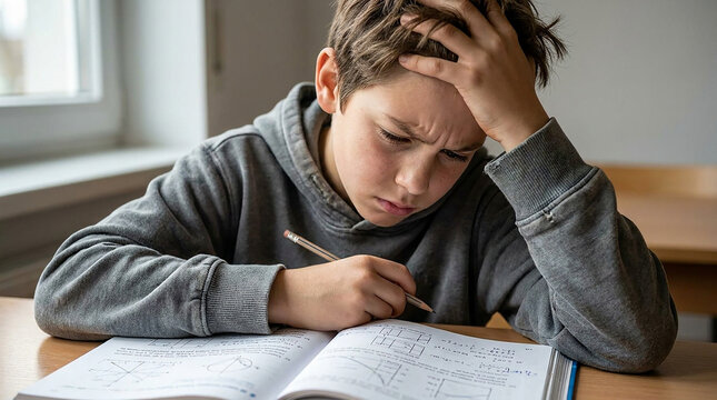 Stressed young boy struggling with difficult school homework at a desk