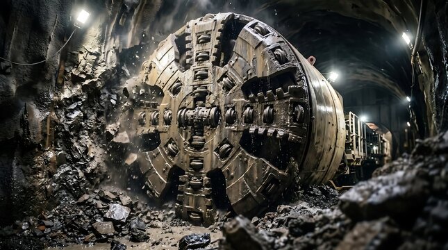Industrial tunnel boring machine in underground mine, massive mechanical drill head excavating rock, heavy mining equipment in dark tunnel