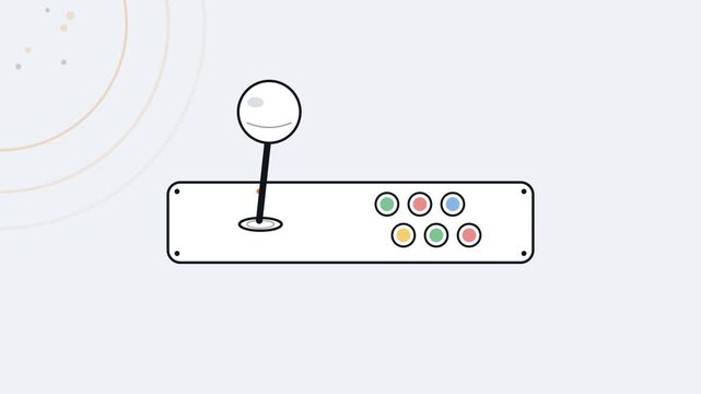 Flat line art vector arcade joystick rolling in circular motion with pulsing arcade buttons and shockwave payoff.