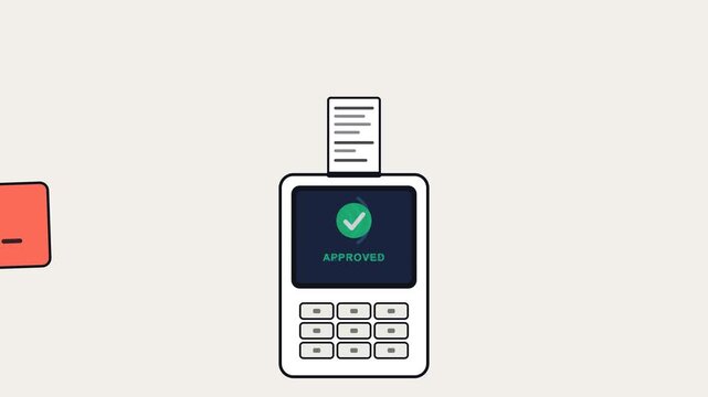 Flat line art vector animation of a contactless card reader accepting payment, showing tap, NFC waves, processing and approved checkmark.