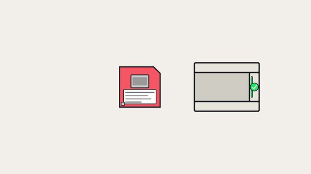 Flat line art vector animation of a floppy disk entering a drive, shutter opening, magnetic disk spinning, data transfer, approved checkmark, and eject.