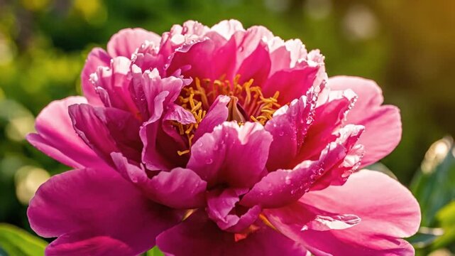 Pink peony flower unfolds beside bud in bright garden light, revealing ruffled petals and golden stamens. This elegant floral close up highlights peony blossom, fresh dew, and soft green bokeh.