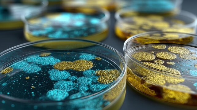 Abstract laboratory petri dishes with colorful bacterial colonies, microbial growth, microbiology research, scientific experiments, bacteria cultures, biotechnology, medical science, laboratory diagno