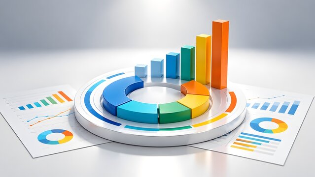 Creative 3D Financial Dashboard With Circular Pie Chart And Colorful Bar Graph For Corporate Data Analysis And Marketing Strategy
