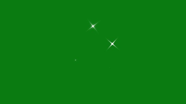 5 sating twinkling stars animation. fast line glitter motion, white cartoon blinking stars, flat vector doodle sparkle, glowing light trails, 2D shining twinkle effect on green screen background.