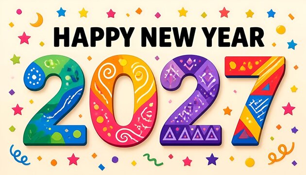 Happy new year 2027 colorful decorative paper art numbers typography greeting card celebration concept