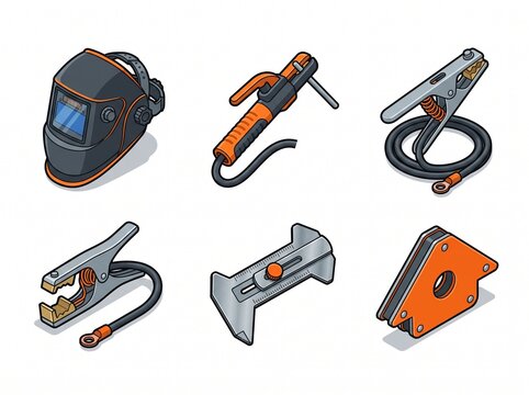 Set of welding tools and safety equipment welding helmet electrode holder ground clamp welding gauge magnetic holder vector illustration
