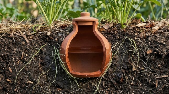 Crosssection of an olla clay pot buried in soil for efficient subsurface irrigation in a vegetable garden world soil day