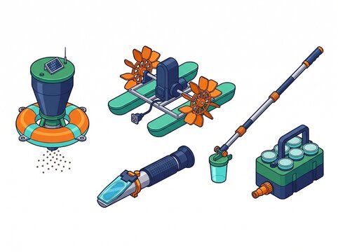 Set of aquaculture and fish farming equipment automatic feeder paddle wheel aerator refractometer water sampler test kit vector illustration
