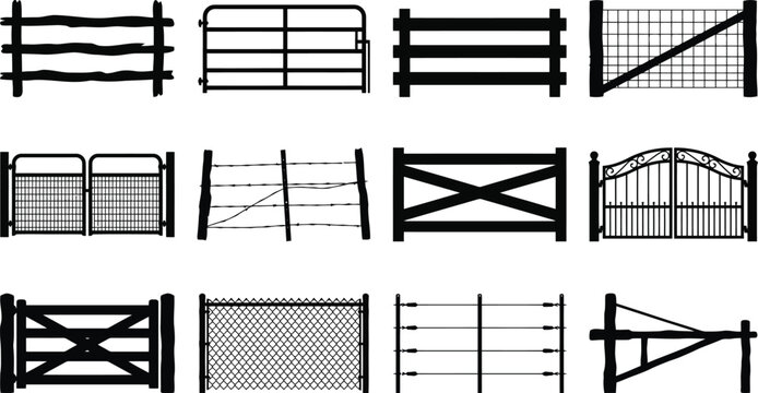Collection of twelve different fence and gate including wire mesh, wooden planks, metal bars, and farm gates in black silhouette style