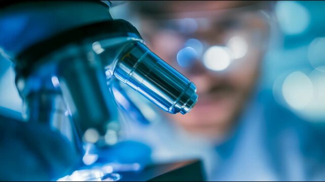 Microscope objective lenses fill the foreground as a technician wearing protective goggles works behind them in a laboratory with cool blue lighting