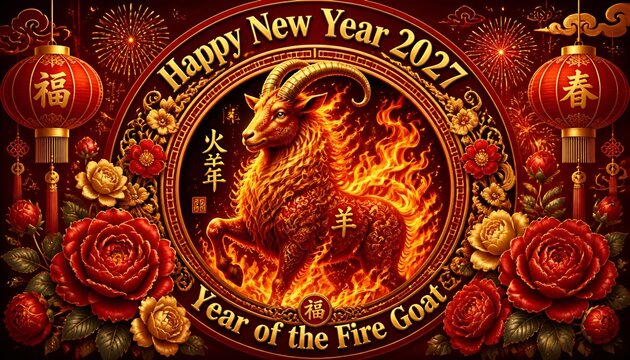 Happy New Year 2027 Chinese Zodiac Fire Goat with Peonies and Fireworks