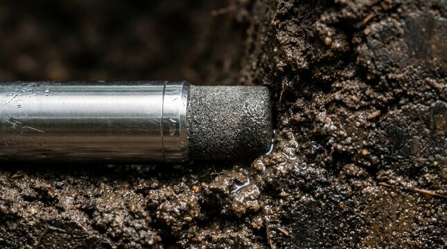 Closeup of a metal probe sensor inserted into moist dark soil for environmental monitoring and agricultural data collection in a field setting world soil day