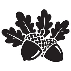 Two acorns surrounded by oak leaves in a simple black silhouette design. © vilma3000