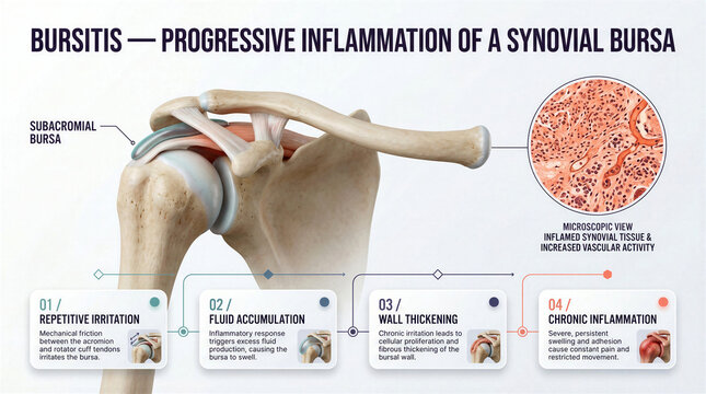 Medical infographic explains progressive shoulder bursitis and synovial bursa inflammation