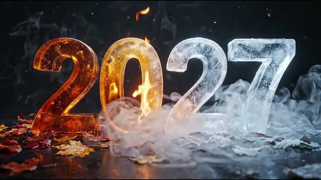 2027 new year concept with burning fire and melting ice numbers on dark