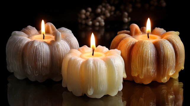 three pumpkin candels with the bail of leave making the halloween table isolated on jpg 