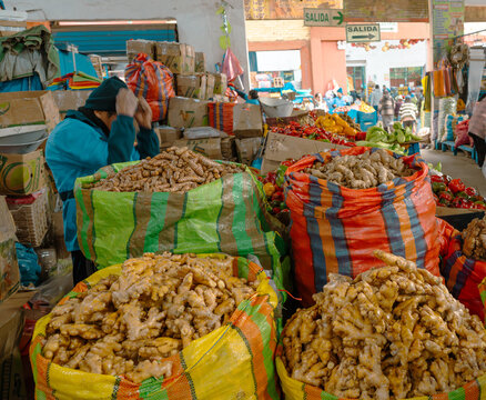 Huancayo, Peru, Per&uacute; : ginger displayed in bulk inside Mercado Mayorista. Huge colorful sacks filled with fresh kion.