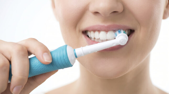 Close view shows woman cleaning upper teeth with oscillating electric toothbrush in professional commercial photography setting. Cheerful adult enjoys daily oral routine and wellness care.