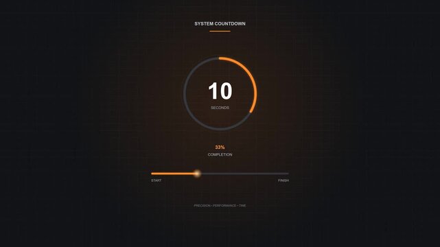 Futuristic system countdown timer displaying twelve seconds remaining with circular progress indicator and glowing horizontal progress bar against dark digital interface background