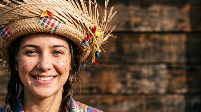 Smiling young woman wearing decorated straw hat with painted freckles at festa junina