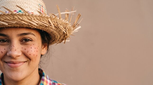 Smiling young woman wearing straw hat with freckles painted on cheeks at festa junina