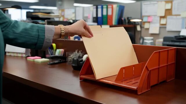 Hand places a plain folder into a divided desk tray