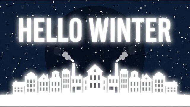 Hello winter animated greeting with falling snow and glowing town silhouette