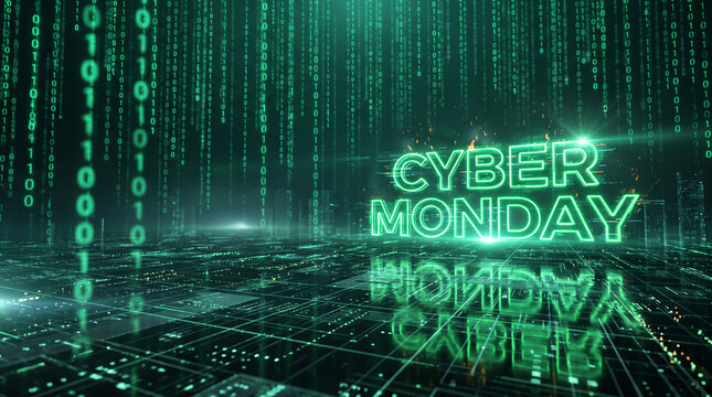 Green neon text "CYBER MONDAY" against a backdrop of falling binary code, symbolizing digital commerce and online sales