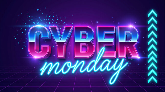 Neon "Cyber Monday" text with glowing particle effects and upward arrow graphic on a dark grid background, symbolizing online shopping deals and digital promotion