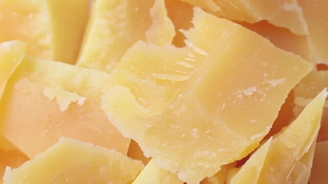 Yellow Parmesan cheese slices circle rotation close up top view
