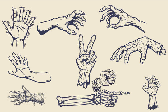 Scary Zombie Hands Reaching Claws and Skeletal Arms Vector Set