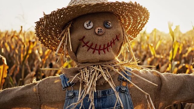Scarecrow poses in sunlit cornfield with burlap face, button eyes, and stitched grin. Rustic scarecrow wears straw hat and denim overalls, standing with outstretched arms in warm autumn harvest light.