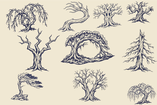 Spooky Halloween Trees with Twisted Branches and Roots Vector Set